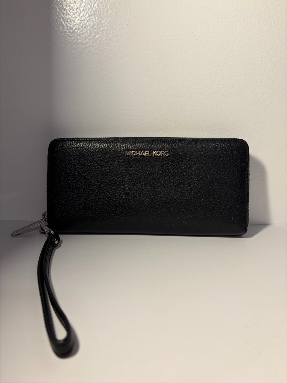 Michael Kors Black Pebbled Leather Wristlet Card Holder with Gold Logo